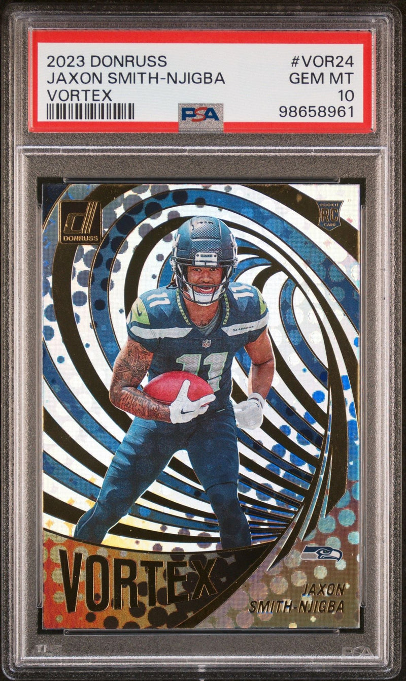 Graded 2023 Panini Donruss Jaxon Smith Njigba #VOR24 Vortex Rookie RC Football Card PSA 10 Gem Mint