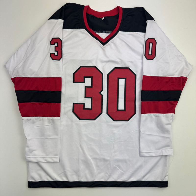 Autographed/Signed Martin Brodeur New Jersey NJ White Hockey Jersey Beckett BAS COA