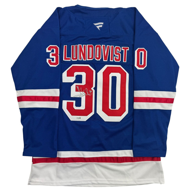 Autographed/Signed Henrik Lundqvist New York Blue Hockey Jersey JSA COA