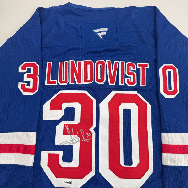 Autographed/Signed Henrik Lundqvist New York Blue Hockey Jersey JSA COA