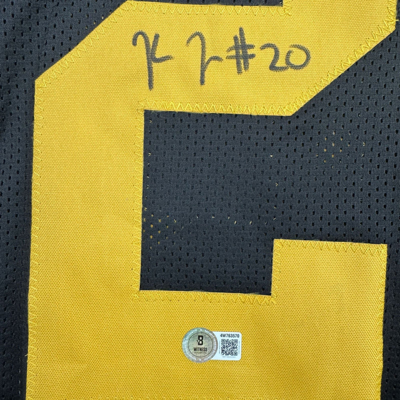 Autographed/Signed Kaleb Johnson Pittsburgh Black Color Rush Football Jersey Beckett BAS COA