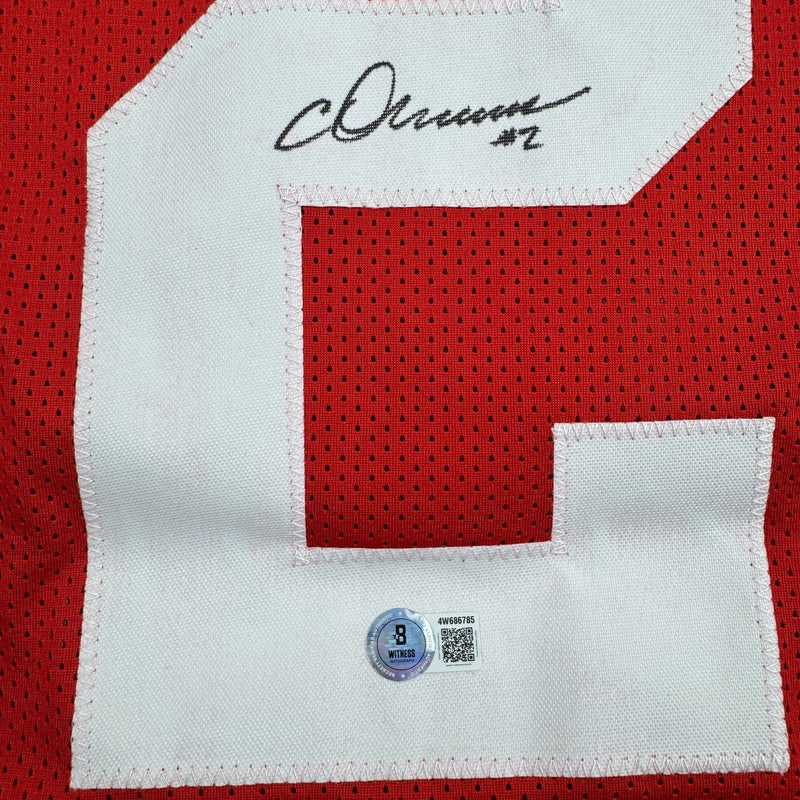 Autographed/Signed Chris Olave Ohio State Red College Football Jersey Beckett BAS COA
