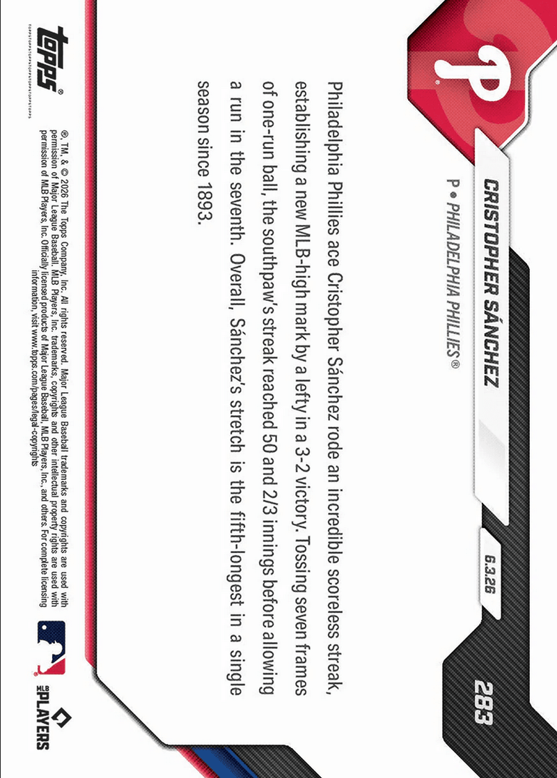 2026 Topps Now Cristopher Sanchez #283 50 2/3 Scoreless IP Streak is Longest Ever by Lefty Philadelphia Phillies Baseball Card