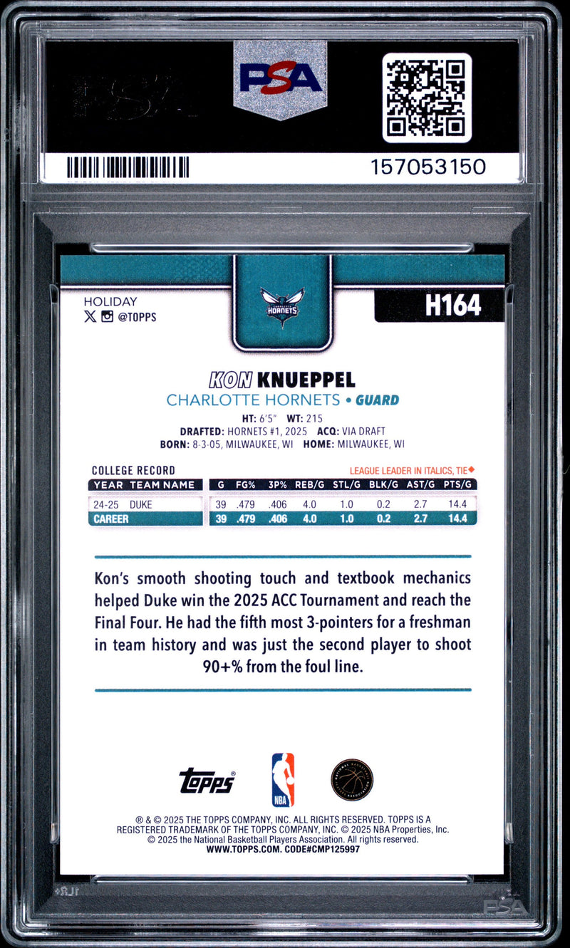 Graded 2025 Topps Holiday Kon Knueppel #H164 Rookie RC Basketball Card PSA 9 Mint