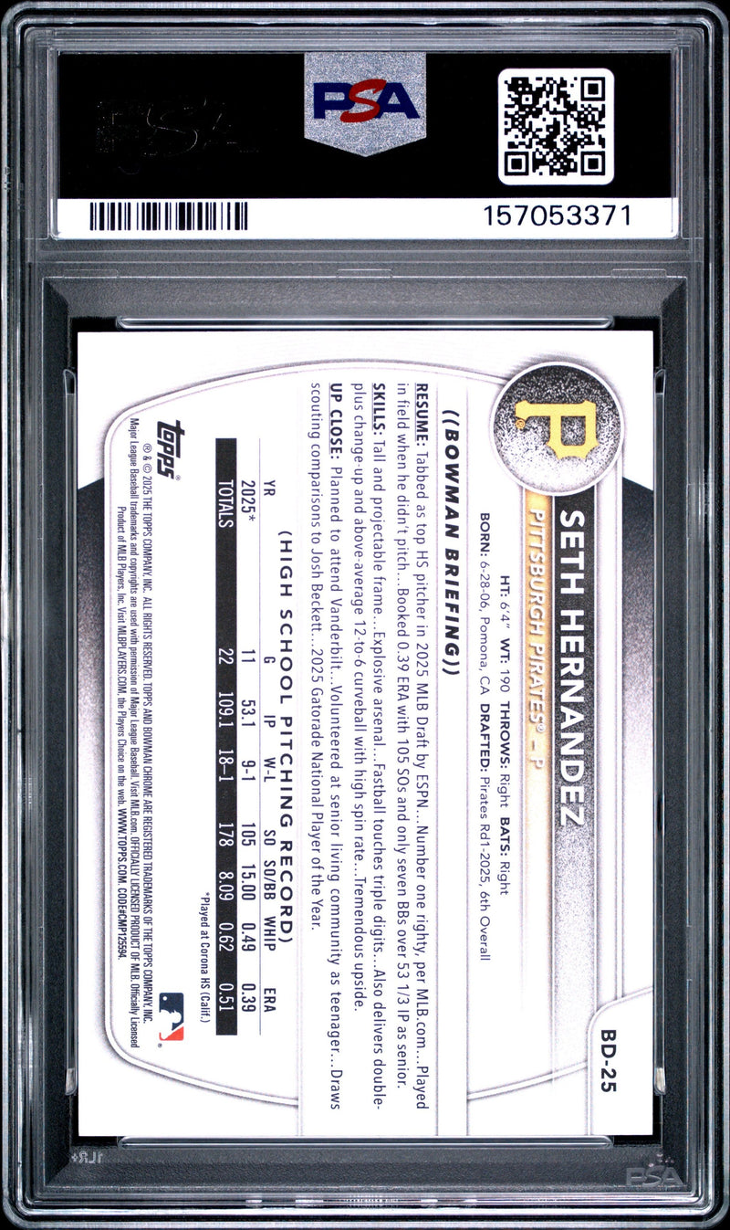 Graded 2025 Topps Bowman Draft Seth Hernandez #BD25 Rookie RC Baseball Card PSA 10 Gem Mint