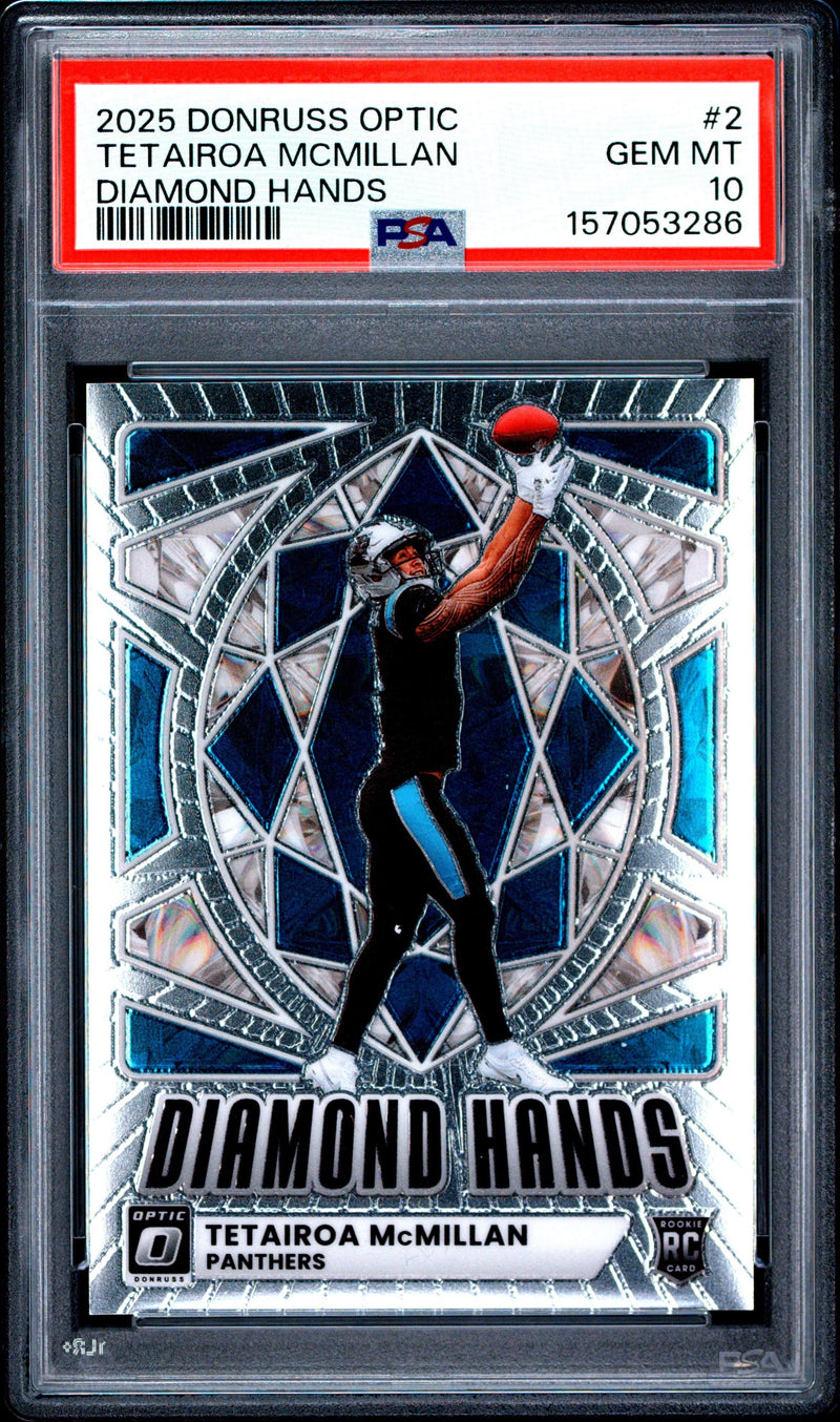 Graded 2025 Panini Donruss Optic Tetairoa McMillan #2 Diamond Hands Rookie RC Football Card PSA 10 Gem Mint