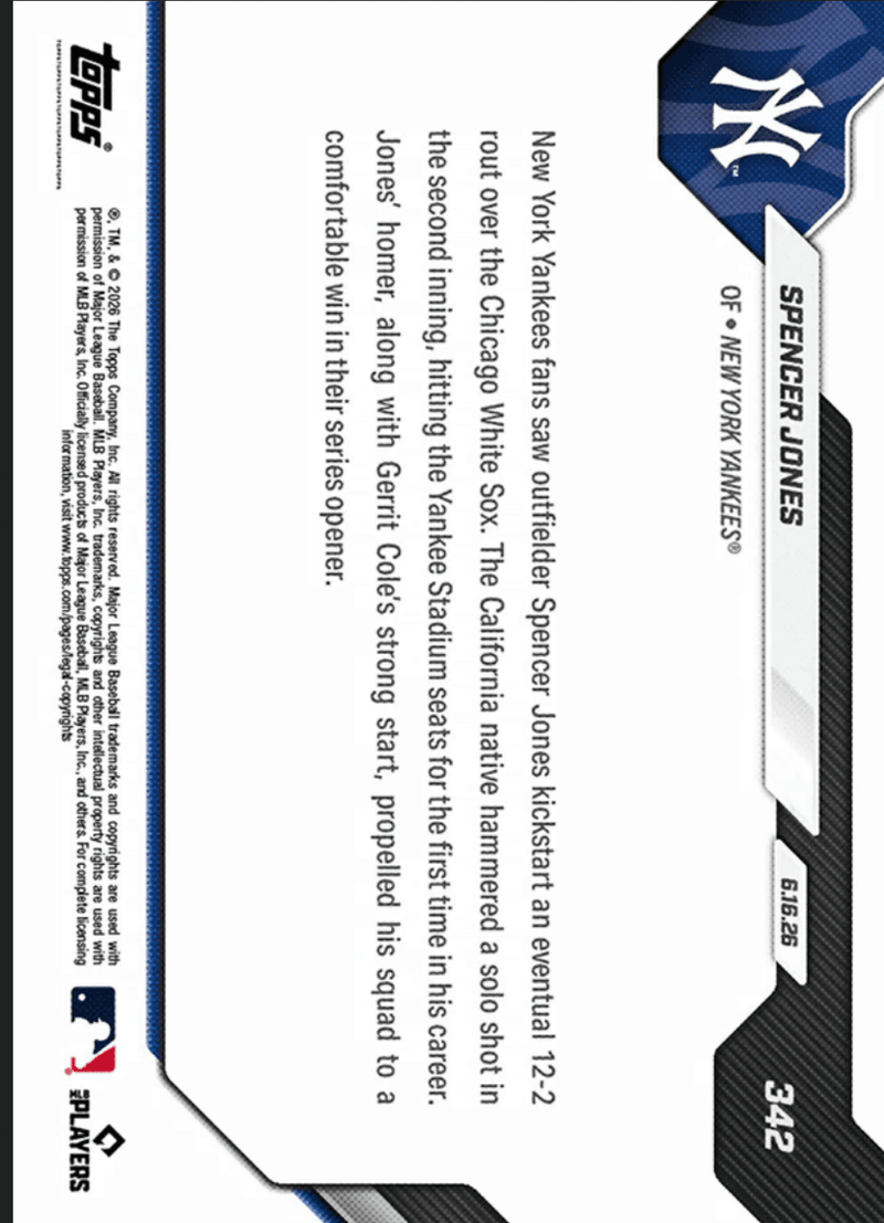 2026 Topps Now Spencer Jones #342 Gold Foil /50 1st Career Yankee Stadium Home Run Ignites 12 Run Rout New York Yankees Rookie RC Baseball Card