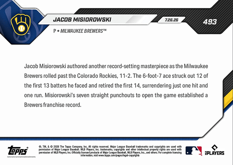 2026 Topps Now Jacob Misiorowski #493 7 Straight Ks to Open Game Sets Brewers Record Milwaukee Brewers Rookie RC Baseball Card
