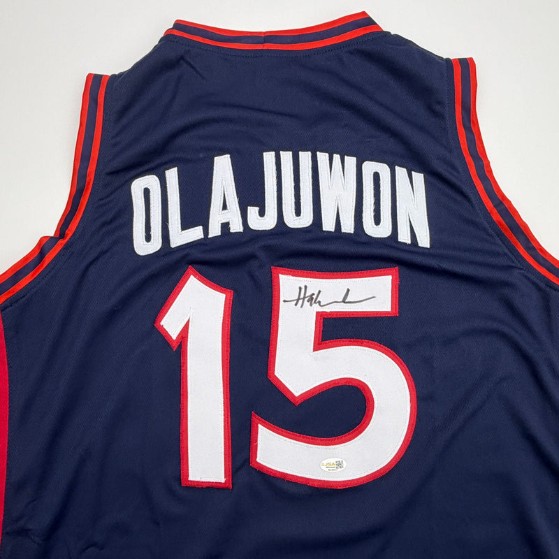 Autographed/Signed Hakeem Olajuwon United States USA Olympics Blue Basketball Jersey JSA COA