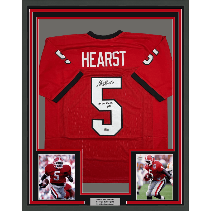 Framed Autographed/Signed Garrison Hearst 35x39 3232 Yards Georgia Red College Football Jersey Beckett BAS COA