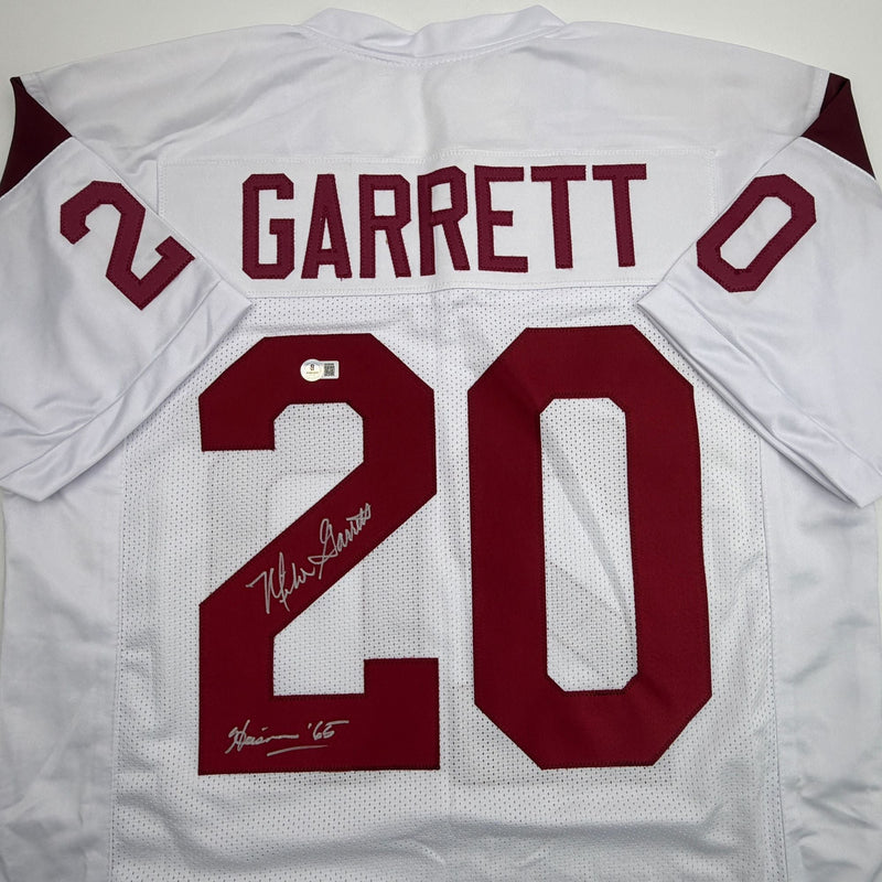 Autographed/Signed Mike Garrett Heisman 65 USC Southern Cal White College Football Jersey Beckett BAS COA