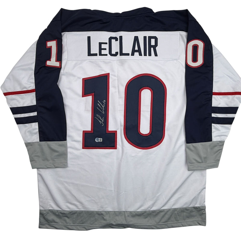 Autographed/Signed John LeClair United States Team USA White Hockey Jersey Beckett BAS COA