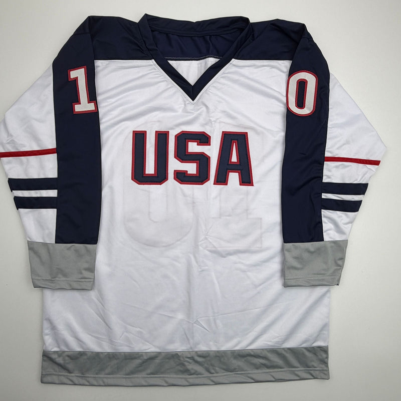 Autographed/Signed John LeClair United States Team USA White Hockey Jersey Beckett BAS COA