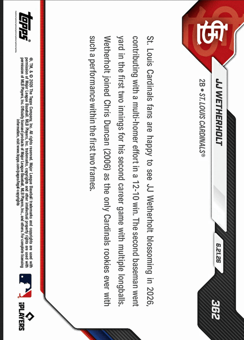 2026 Topps Now JJ Wetherholt #362 Black Foil /10 2nd Club Rookie with Home Runs in 1st Two Innings St Louis Cardinals Rookie RC Baseball Card