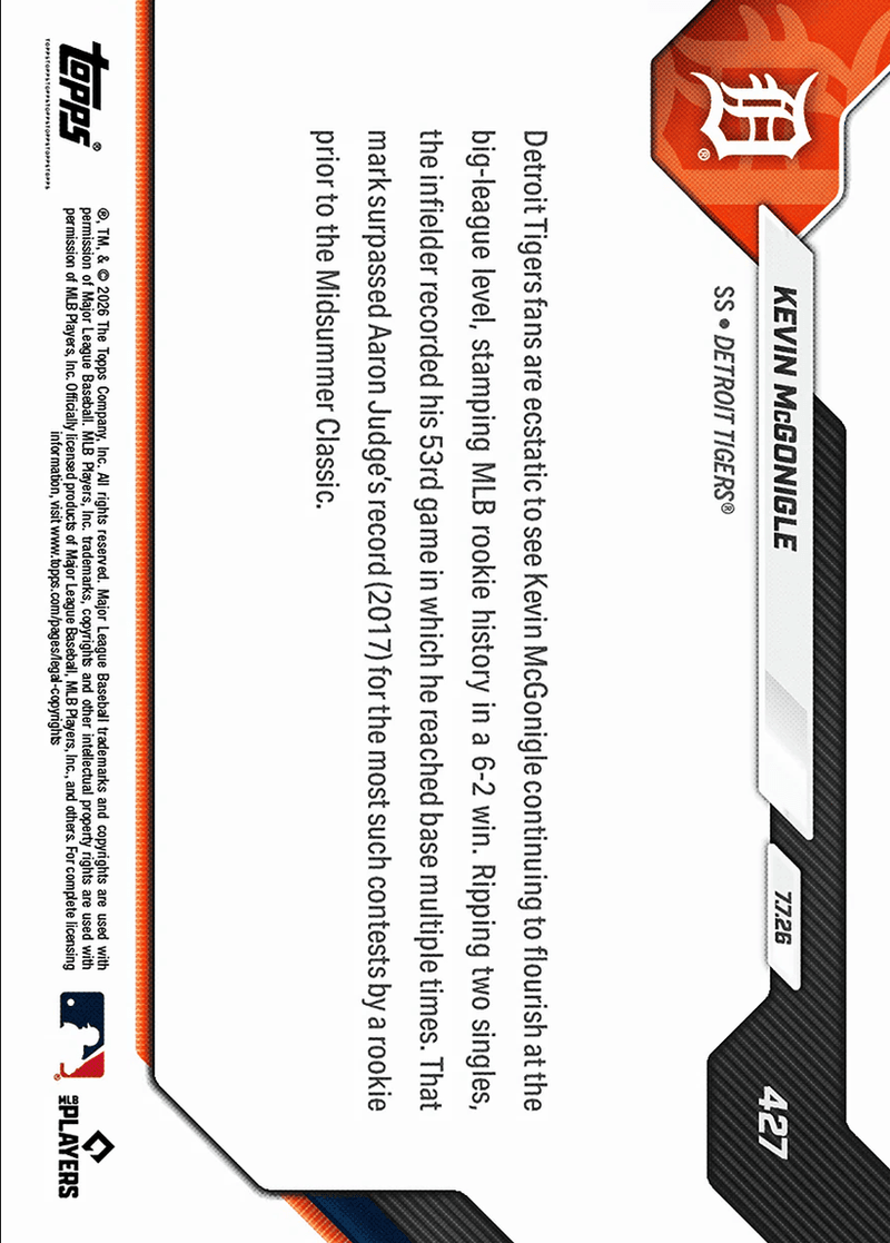 2026 Topps Now Kevin McGonigle #427 53rd Multiple On Base Game Sets MLB Rookie Mark Detroit Tigers Rookie RC Baseball Card