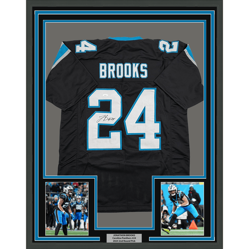 Framed Autographed/Signed Jonathon Brooks 35x39 Carolina Black Football Jersey JSA COA