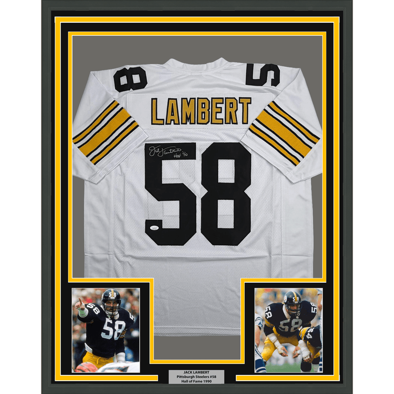 Framed Autographed/Signed Jack Lambert 35x39 Pittsburgh White Football Jersey JSA COA