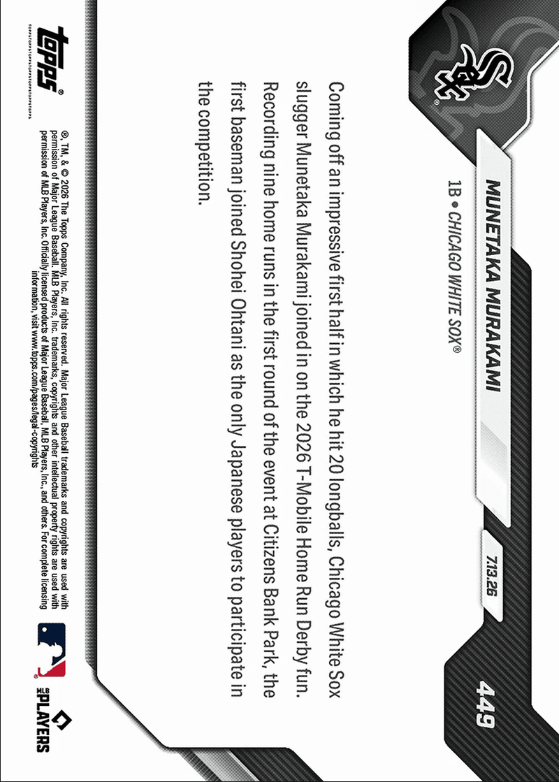 2026 Topps Now Munetaka Murakami #449 2nd Japan Native Ever in Home Run Derby Chicago White Sox Rookie RC Baseball Card