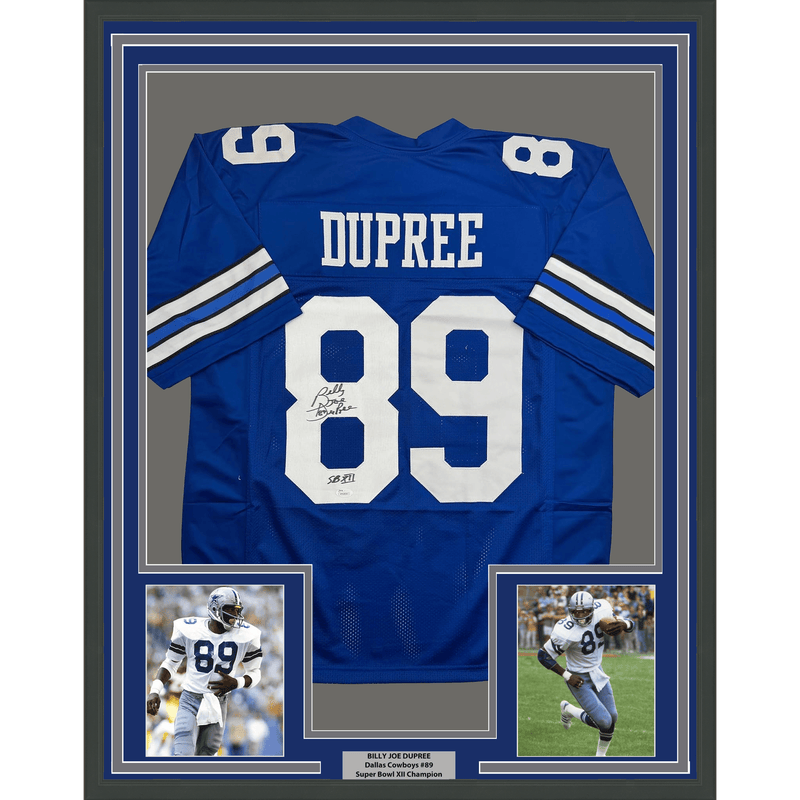 Framed Autographed/Signed Billy Joe DuPree 35x39 SB XII Dallas Blue Football Jersey JSA COA