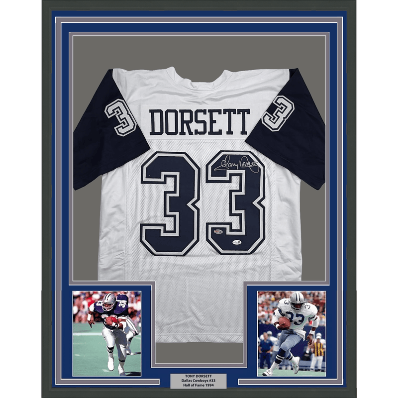 Framed Autographed/Signed Tony Dorsett 35x39 Dallas White Color Rush Football Jersey JSA COA