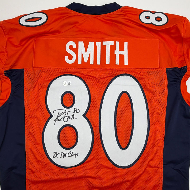 Autographed/Signed Rod Smith 2x SB Champs Denver Orange Pro Cut Football Jersey Beckett BAS COA