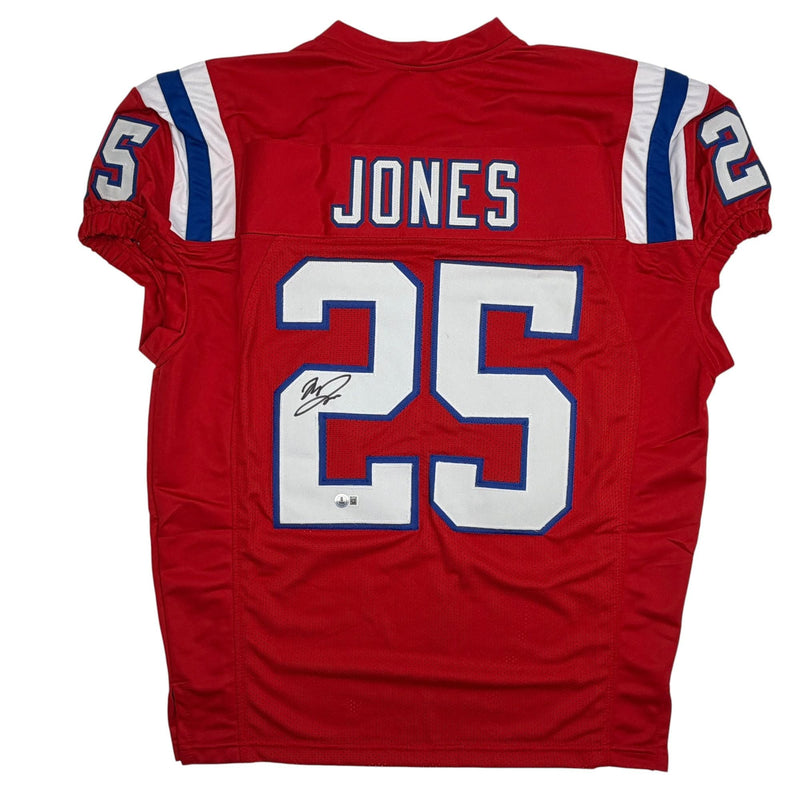 Autographed/Signed Marcus Jones New England Red Pro Cut Football Jersey Beckett BAS COA