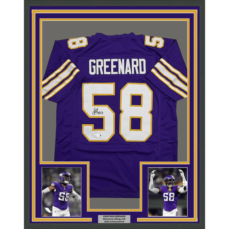 Framed Autographed/Signed Jonathan Greenard 35x39 Minnesota Purple Retro Football Jersey Beckett BAS COA