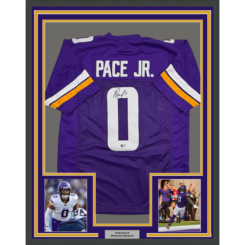 Framed Autographed/Signed Ivan Pace Jr. 35x39 Minnesota Purple Football Jersey Beckett BAS COA