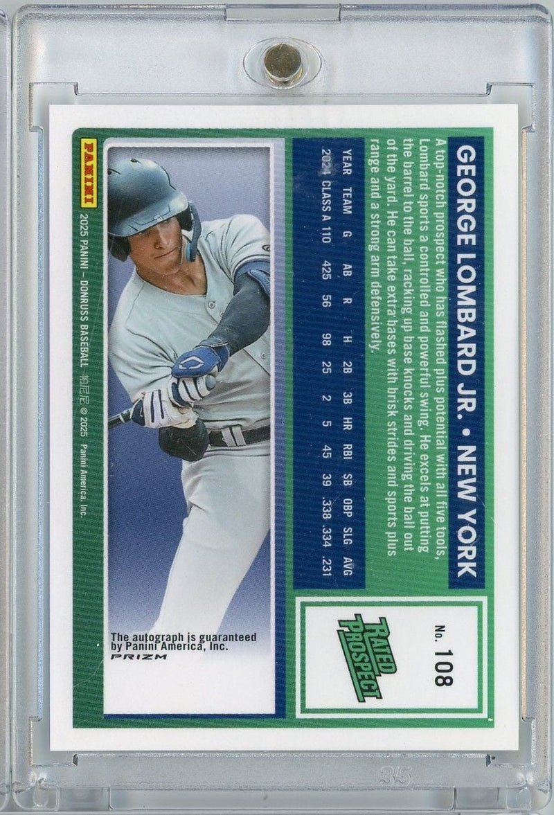 Graded 2025 Donruss Optic George Lombard Jr #108 Rated Prospect Autograph Prizm Refractor Rookie RC Baseball Card