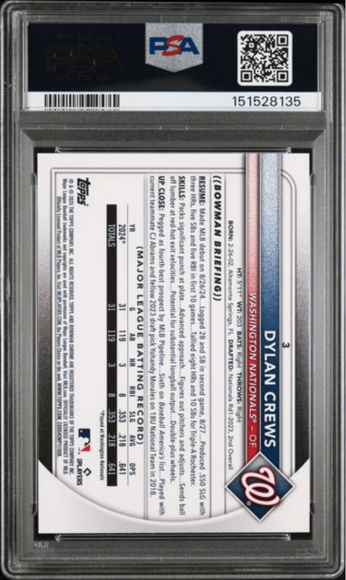 Graded 2025 Topps Bowman Chrome Mega Box Dylan Crews #3 Aqua Refractor /299 Rookie RC Baseball Card PSA 10 Gem Mint
