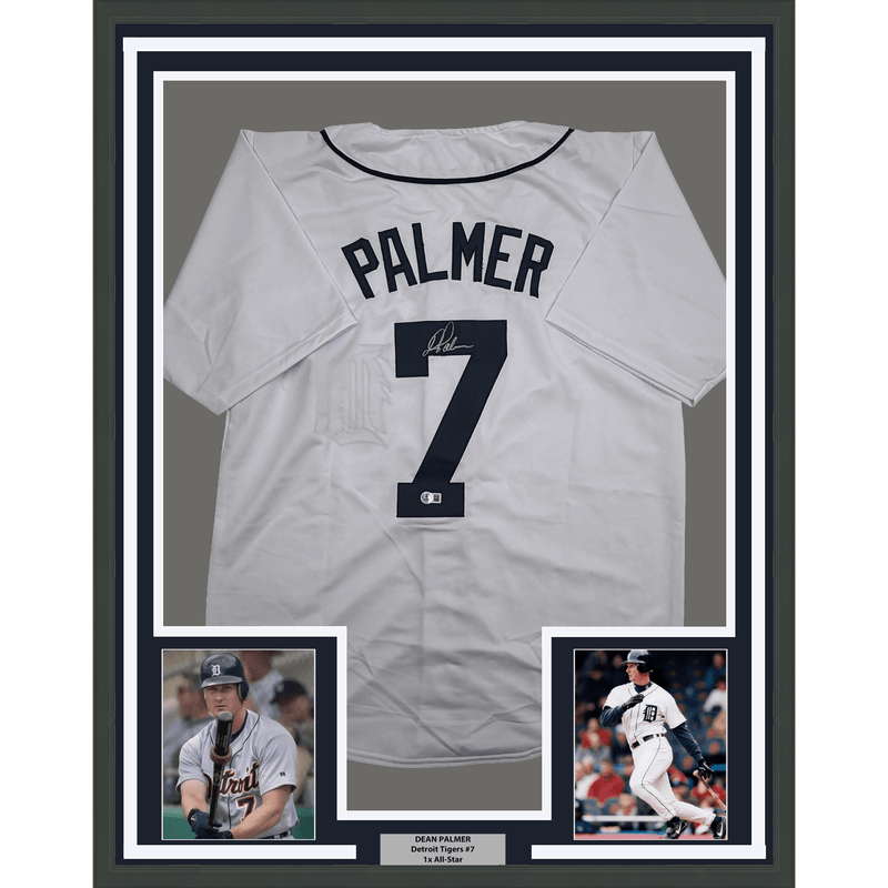 Framed Autographed/Signed Dean Palmer 35x39 Detroit White Baseball Jersey Beckett BAS COA