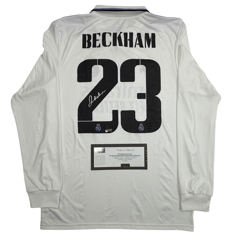 Autographed/Signed David Beckham Real Madrid White Soccer Jersey Panini Authentic COA