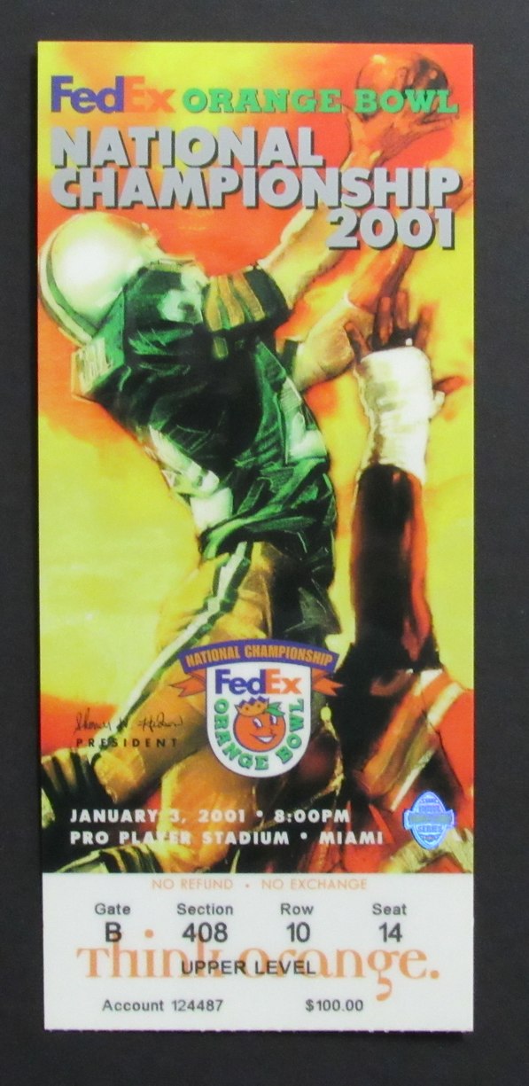 2001 Orange Bowl National Championship Ticket Stub Oklahoma vs. Florida State