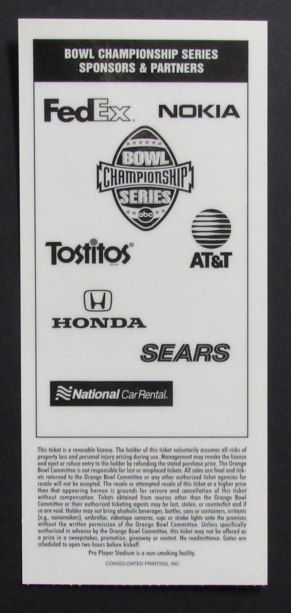 2001 Orange Bowl National Championship Ticket Stub Oklahoma vs. Florida State