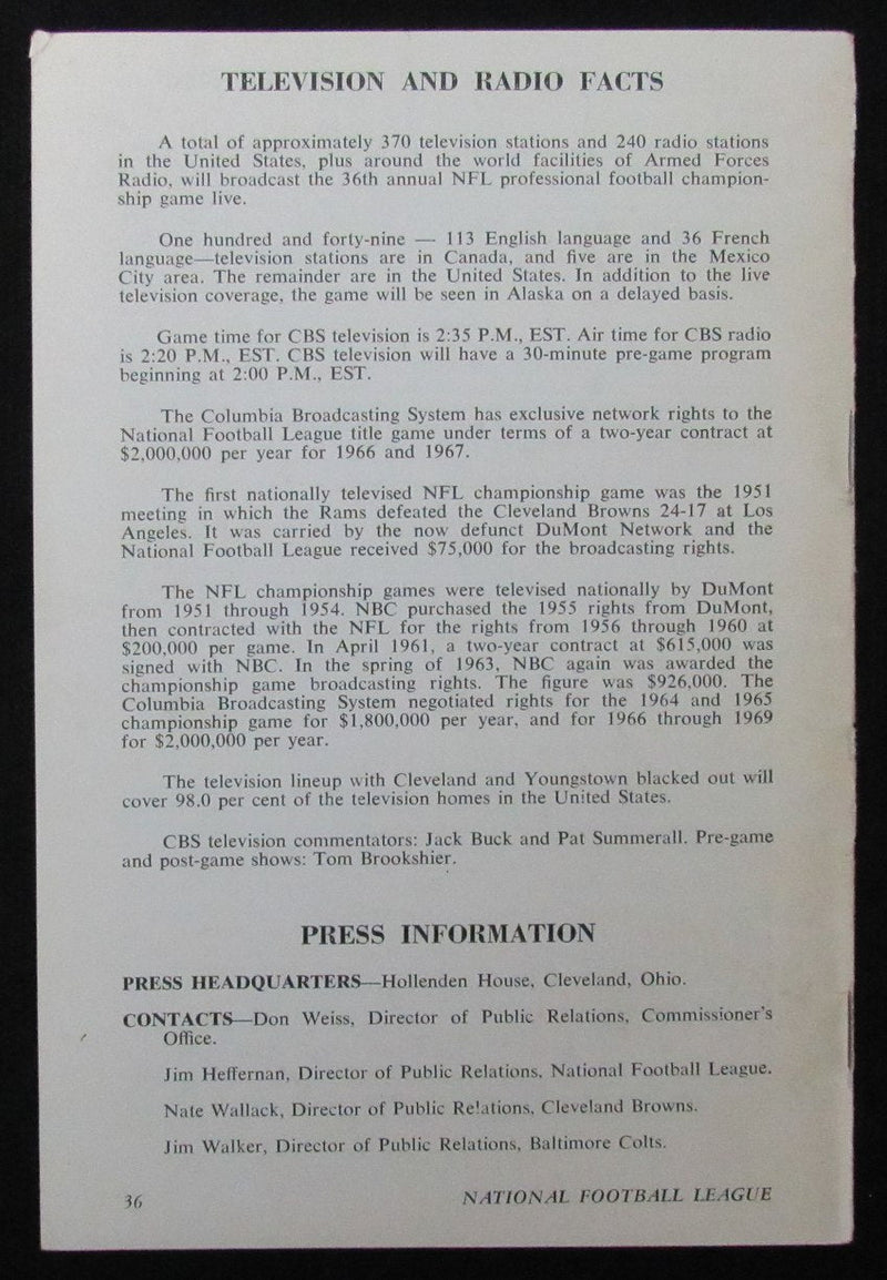 1968 NFL Super Bowl II Media/Press Guide Colts vs. Browns 188815