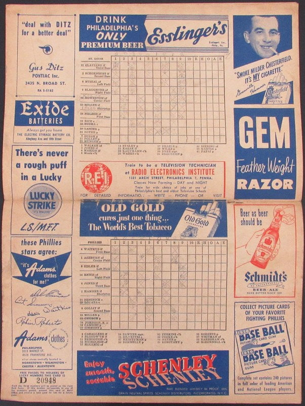 1950 Philadelphia Phillies vs St. Louis Cardinals Program Score Card 178285