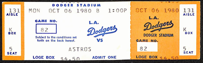 1980 Astros v LA Dodgers Full Ticket 10/6 NL West Tiebreaker Game 187529