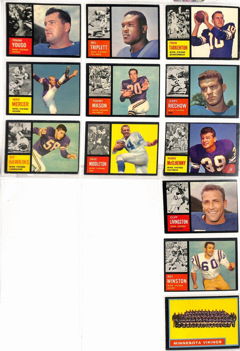 1962 Topps Football Vikings Complete Team Set (12/12) Cards Tarkenton RC 189252