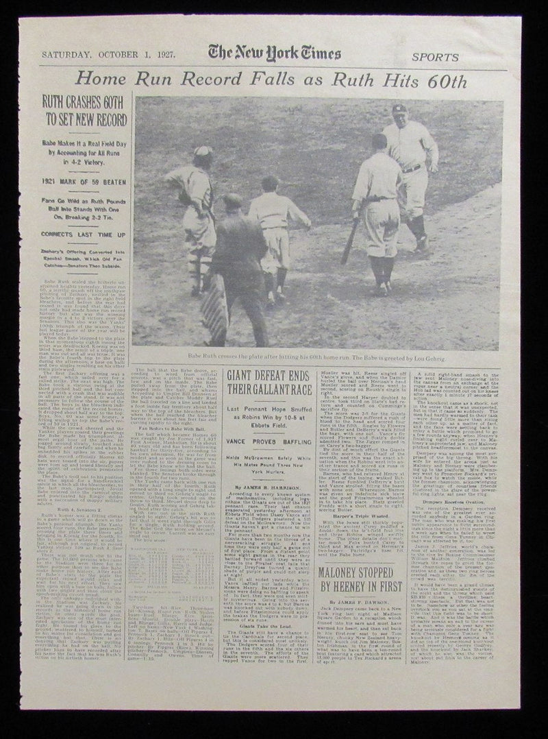 Babe Ruth Yankees 60th Homerun Original Vintage 10-1-27 New York Times 183666