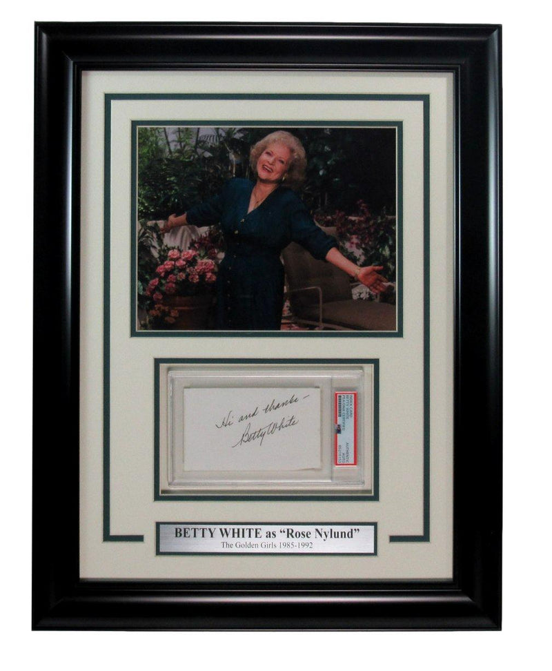 Betty White "Golden Girls" Signed/Inscr 3x5 Index Card w/Photo Framed PSA 191934