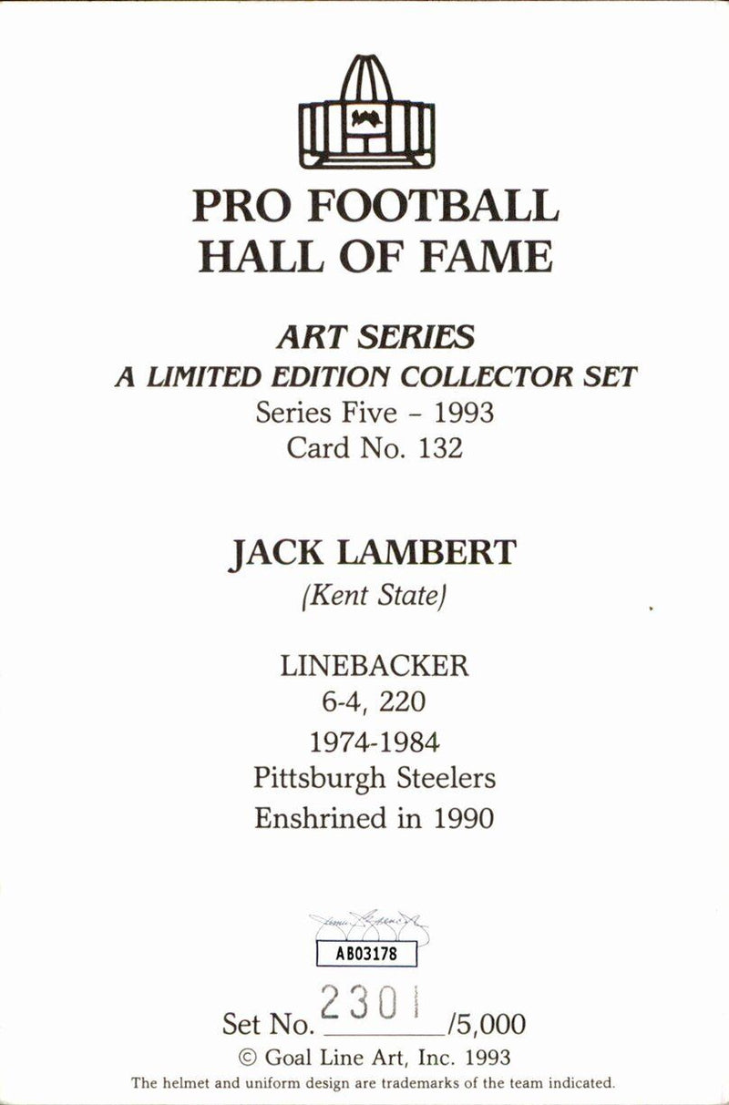 Jack Lambert HOF Steelers Signed/Inscr Goal Line Art GLAC Postcard JSA 167059