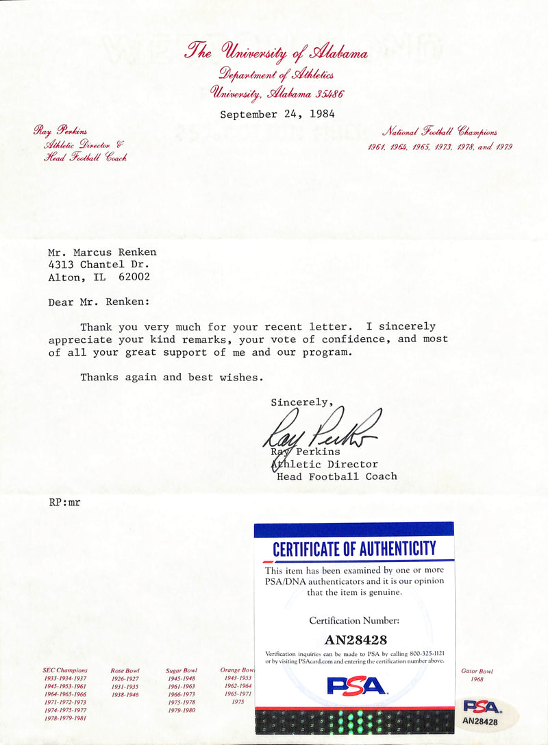 Ray Perkins Signed TLS Letter University of Alabama PSA/DNA 185129