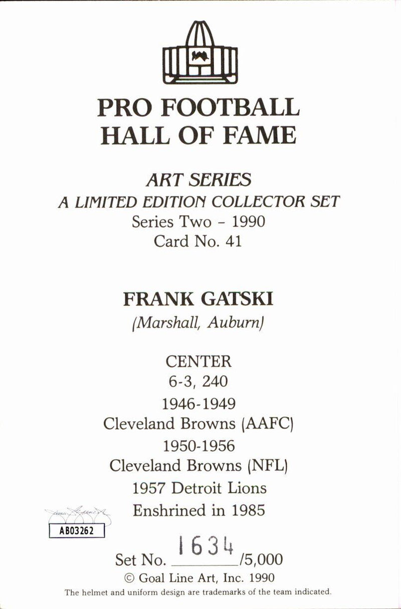 Frank Gatski HOF Browns Signed/Auto Goal Line Art GLAC Postcard JSA 167150