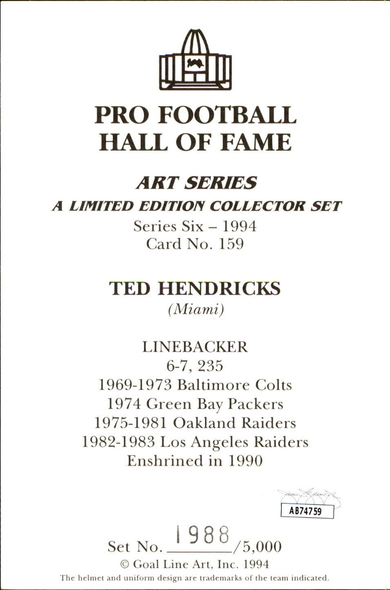 Ted Hendricks HOF Autographed/Inscribed Goal Line Art GLAC Postcard Raiders JSA
