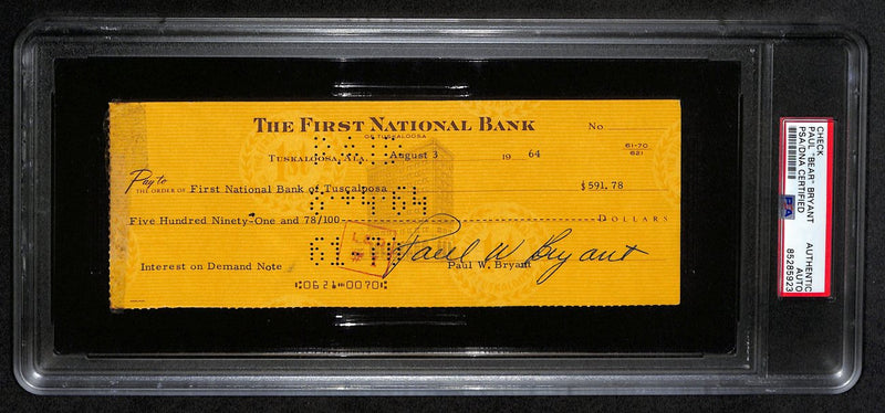 Paul "Bear" Bryant HOF Signed 1964 Bank Check Alabama PSA/DNA 193259