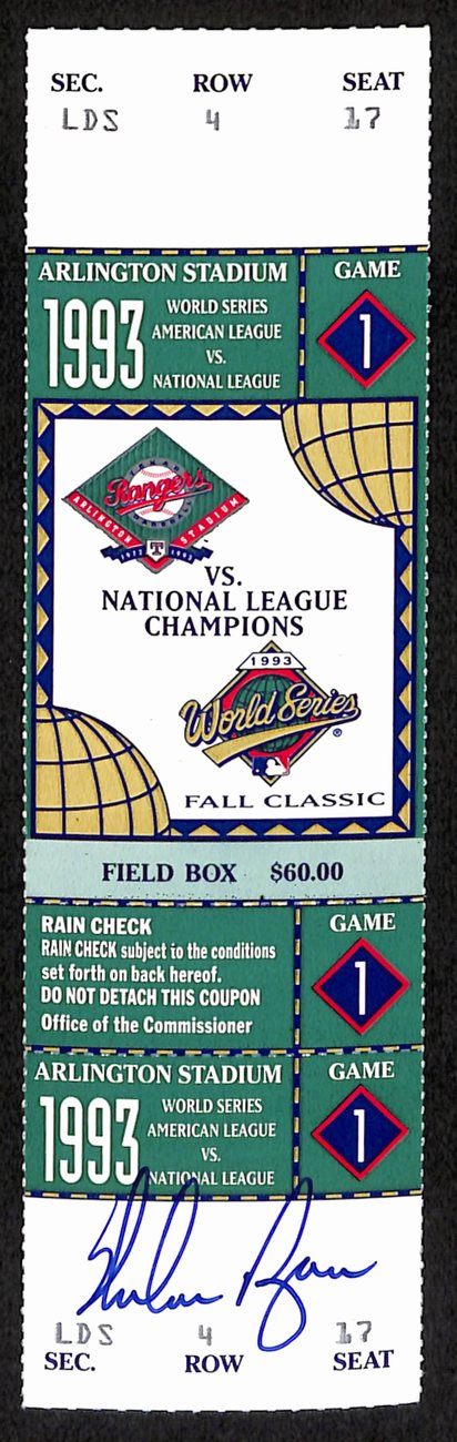 Nolan Ryan Rangers Signed 1993 World Series Game 1 Phantom Full Ticket 193196