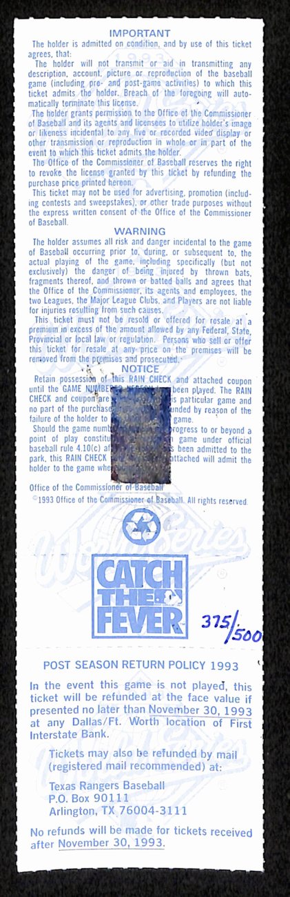 Nolan Ryan Rangers Signed 1993 World Series Game 1 Phantom Full Ticket 193196