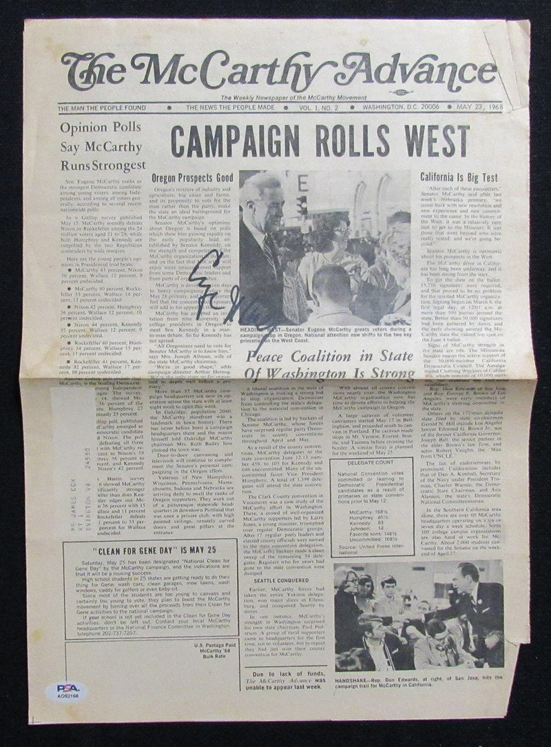 Eugene McCarthy Signed 5/23/1968 The McCarthy Advance Newspaper PSA/DNA 193946