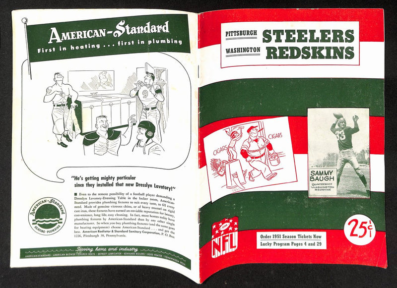 1950 Pittsburgh Steelers vs. Washington Redskins Program Sammy Baugh 194932