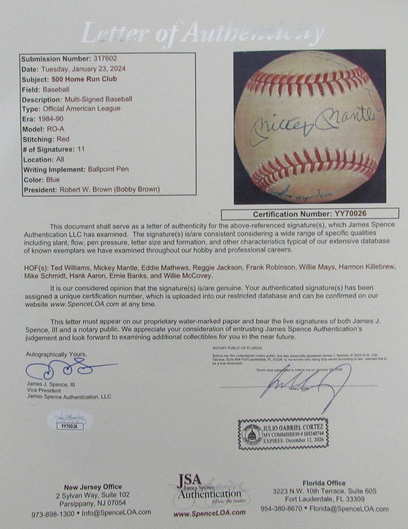 500 Home Run Club Multi Signed by 11 OAL Baseball Mickey Mantle JSA 195548